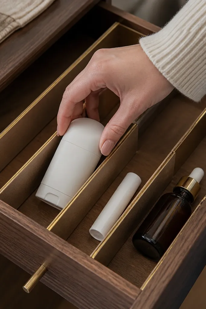 DIY dividers with brass edge tape creating clean lanes in a drawer