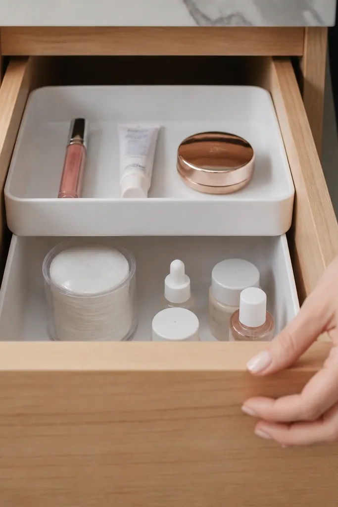 Two-tier tray at the front of a vanity drawer with daily items on top