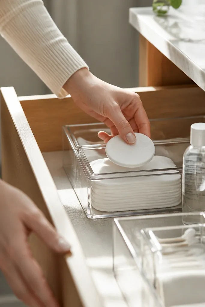 Clear organizer lid compartment inside drawer holding cotton pads neatly