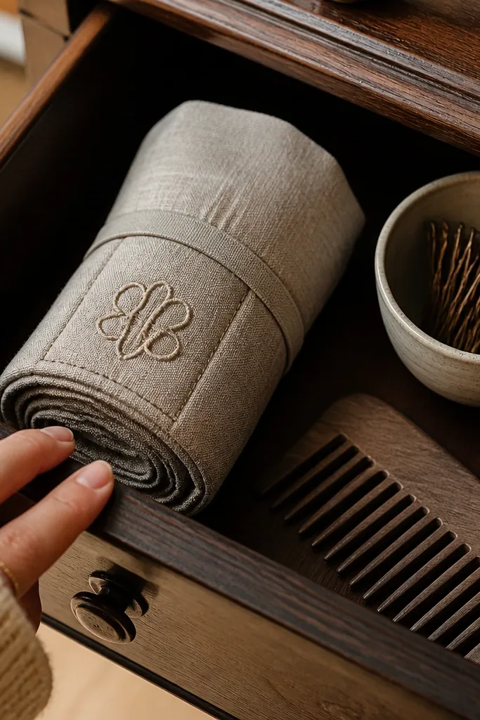 Fabric roll organizer in drawer with neatly rolled hair ties inside