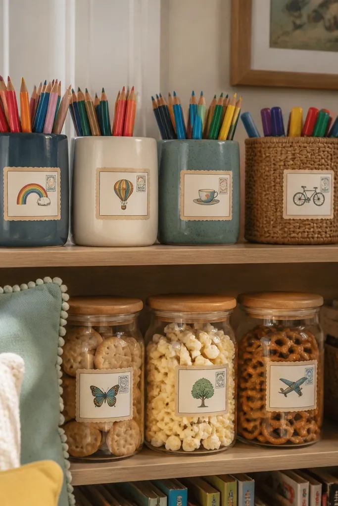 Cream postcard frames with thin borders and tiny stamps