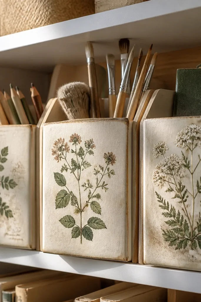 Muted botanical illustrations with cream background and distressed edges
