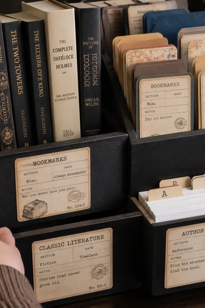 Small library card rectangles with worn stamps and spaces for titles