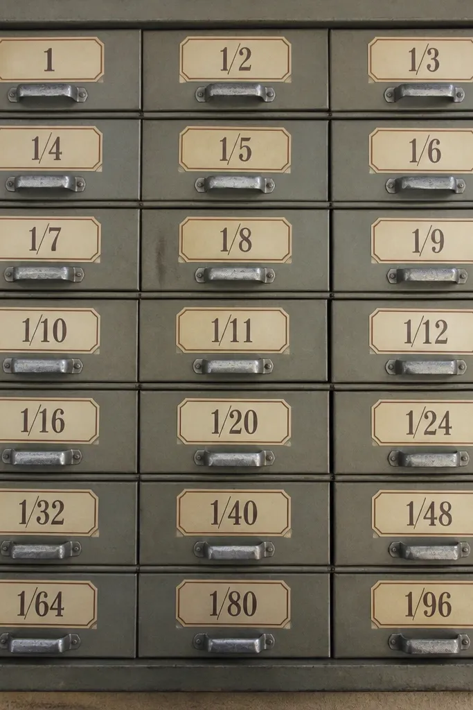 Cream sheet of vintage numerals and fraction symbols in faded ink
