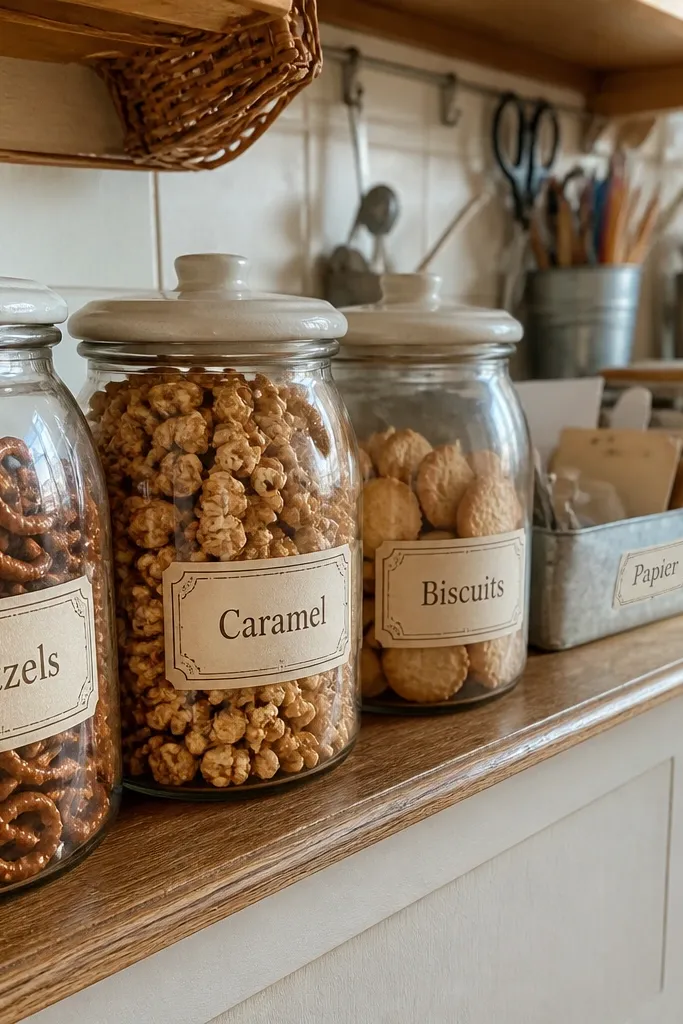 Small French market words in script with cream background and wear