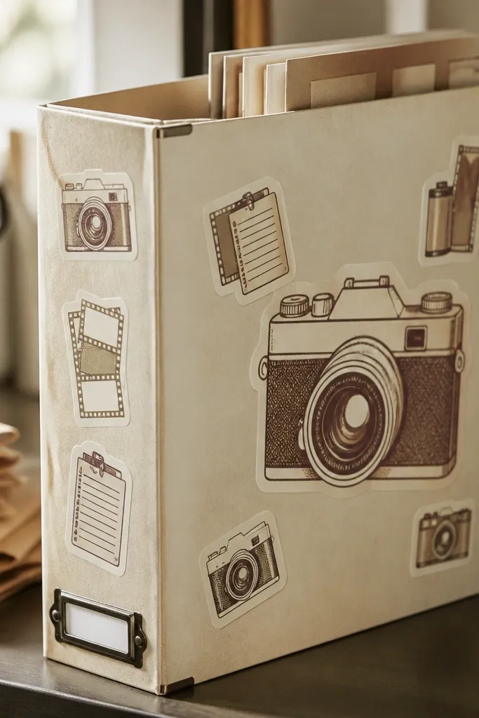 Small sepia camera icons with film strip notes in faded ink