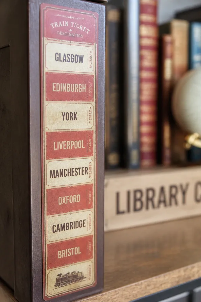 Train ticket strips with destination names and faded stripes