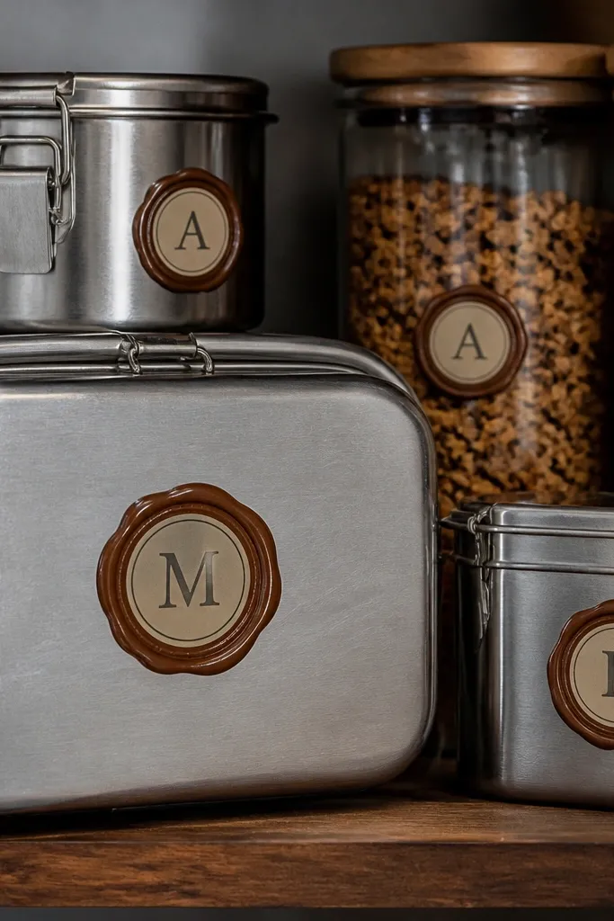 Round monogram stickers with worn seal texture and letter centers