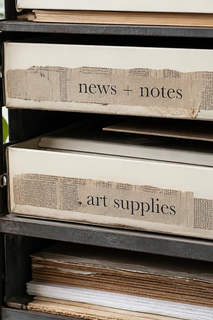 Cream newspaper strips with worn headlines and small print blocks