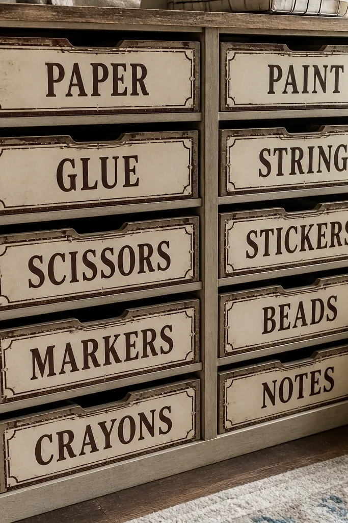 Tan word strips like old shop signs with distressed borders