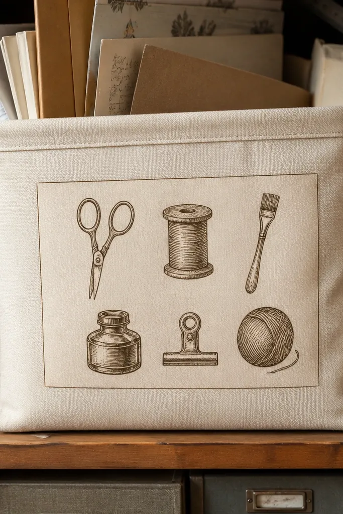 Small doodle icons like scissors, paintbrushes, and stars in sepia