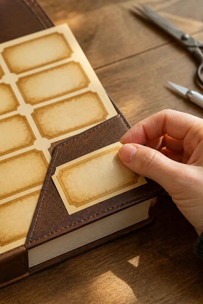 A5 sheet of tea-stained labels with cream borders and small handwritten-style text blocks
