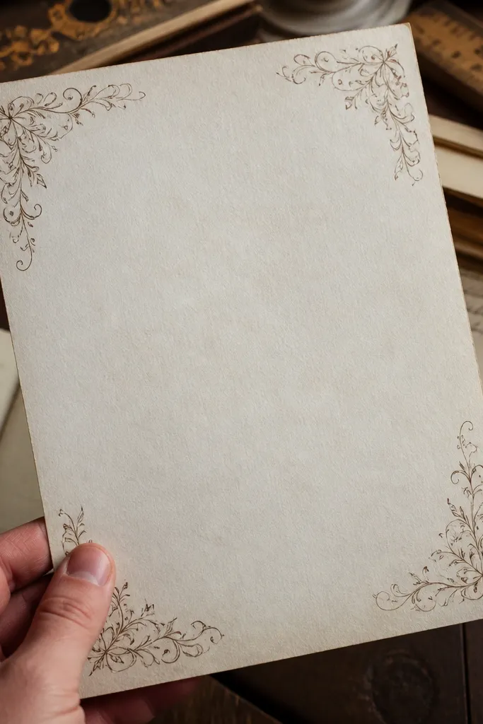Cream page with corner flourishes in muted brown and a blank center for writing