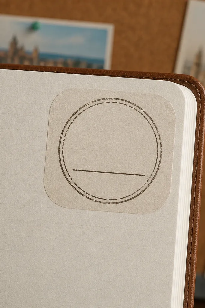 Small museum-style tags with rounded top corners and a faux stamp circle