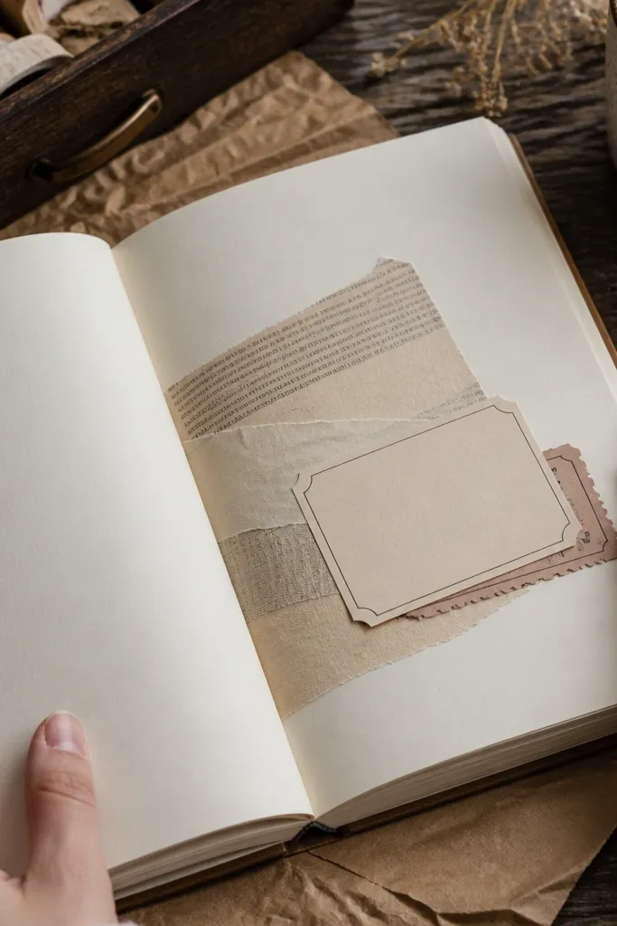 Long strips of faded book text with torn-edge effect and beige margins