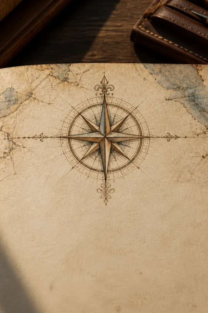 Compass rose graphic with aged map texture and small degree markings