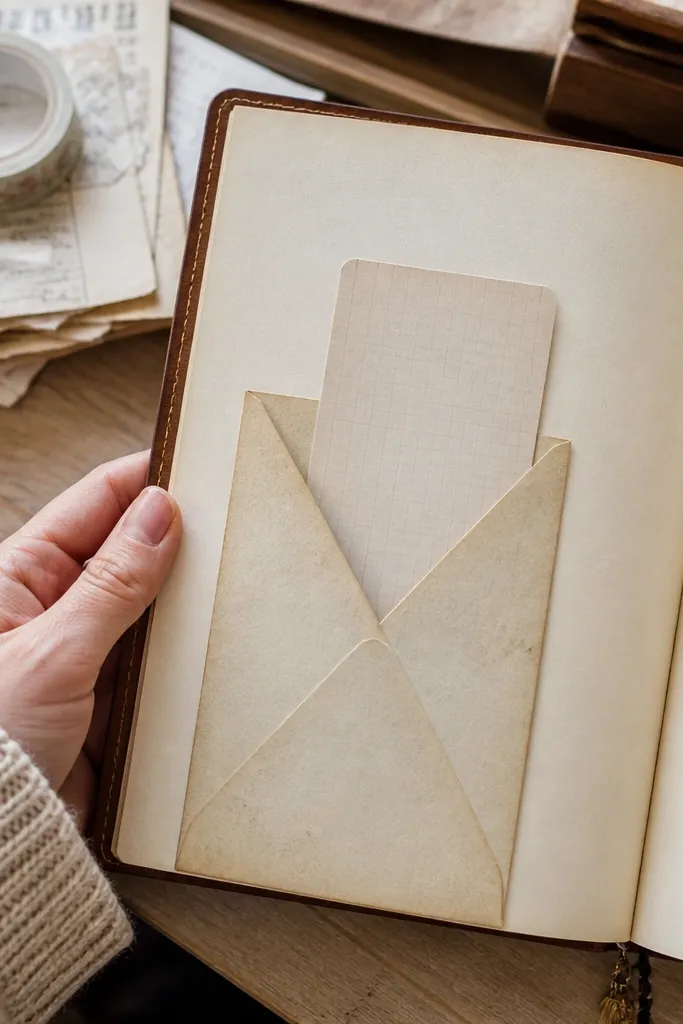 Printable envelope pocket template with flap lines and aged paper texture