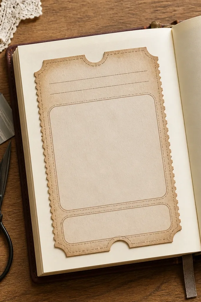 Ticket-shaped mat with three sections for text and a faux date stamp