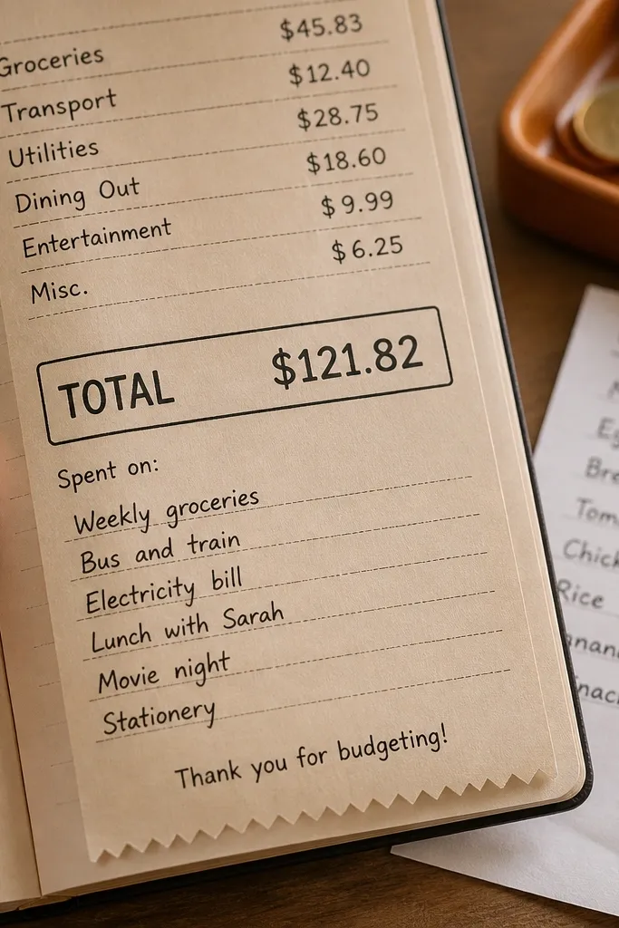 Receipt-style paper with item lines, totals area, and faded print marks