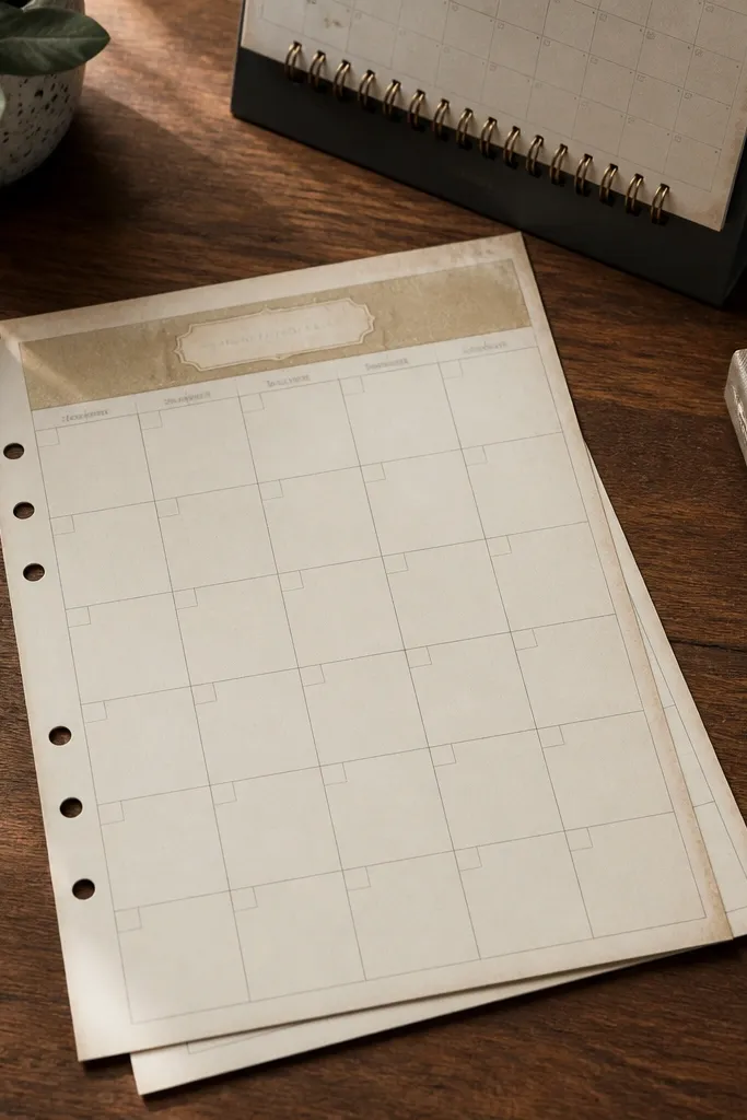 Monthly calendar grid with small vintage header and empty writing squares