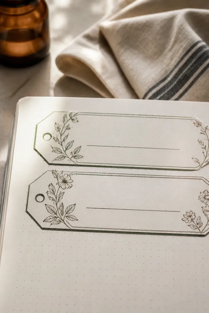 Set of botanical label tags with blank lines and small leaf icons