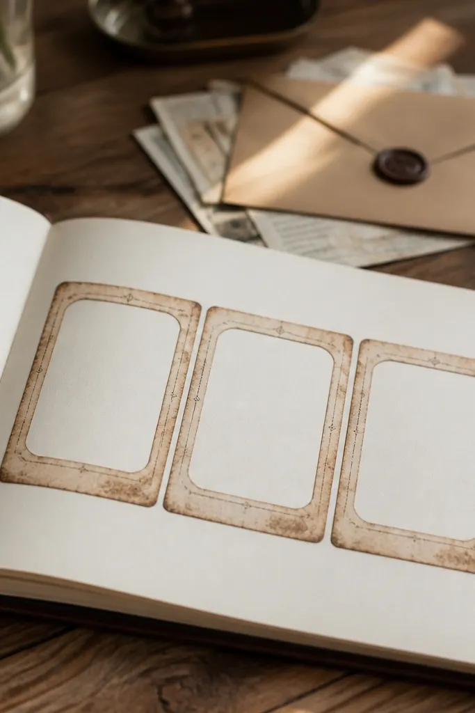 Strip of three mini frames with vintage border and empty rectangles
