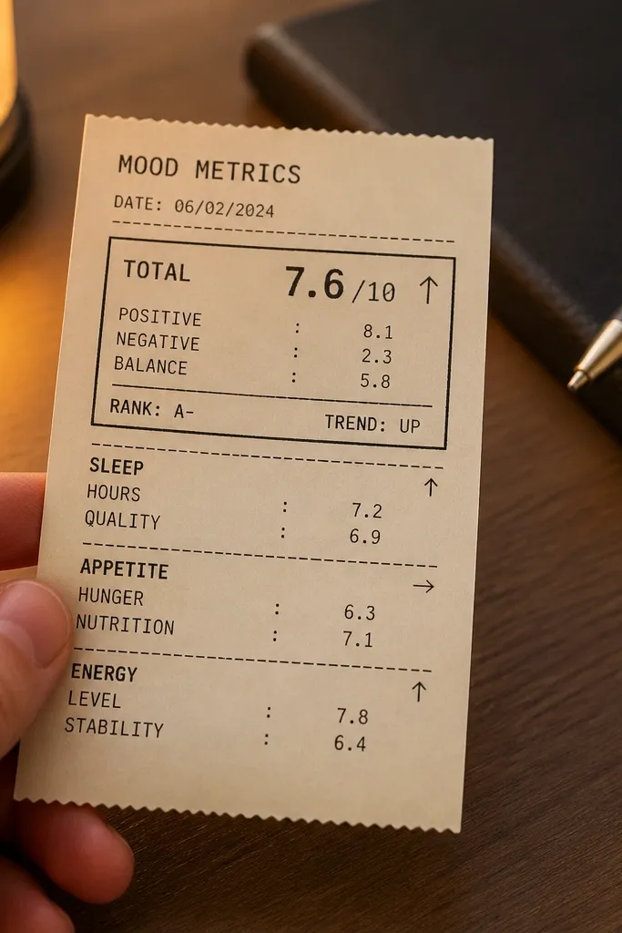 Receipt-style totals box with empty rating lines and a bold total area