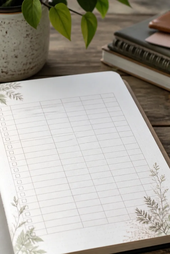 Ledger habit table with botanical corner accents and faded headings