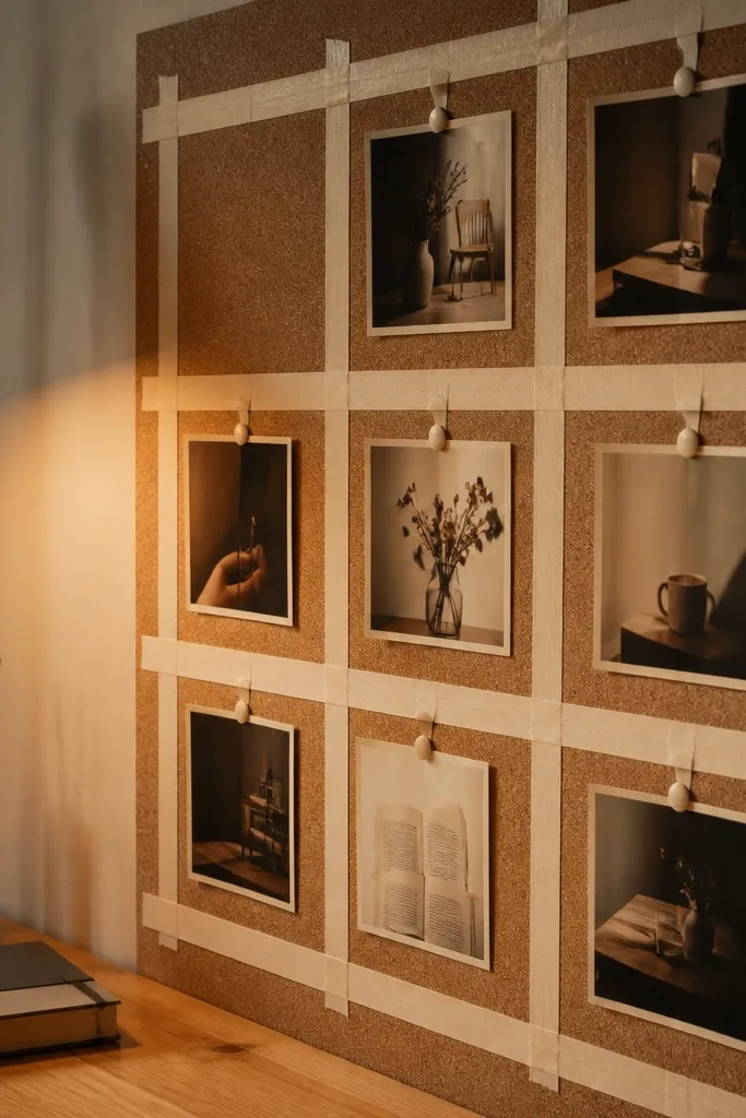 Corkboard with cream paper strips forming a neat grid and small pinned photos