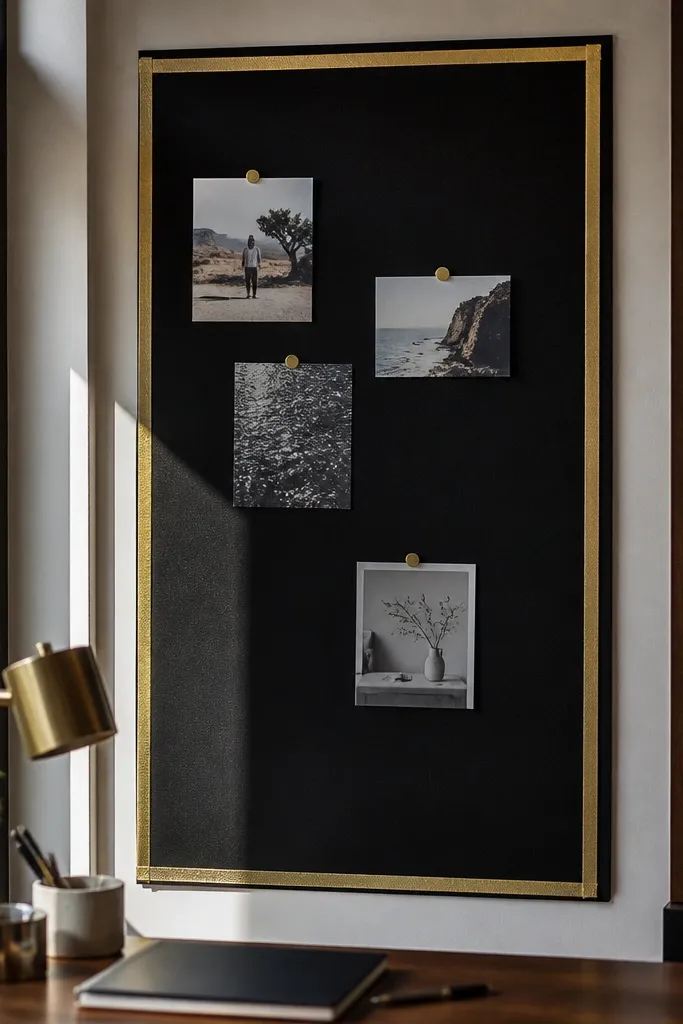 Black felt board with gold washi tape outlines and neatly arranged clipped images