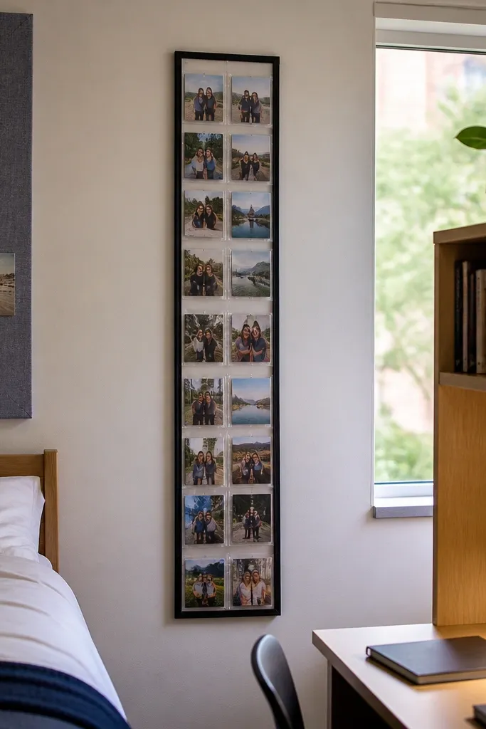 Small framed panel with clear plastic pockets holding photos and label cards