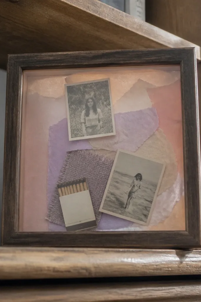 Small shadow box with layered tissue paper behind photos and tiny objects