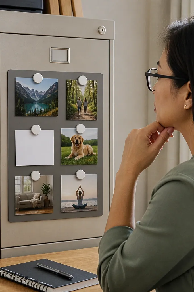 Small magnetic board on a desk with photos held by magnets and neat labels