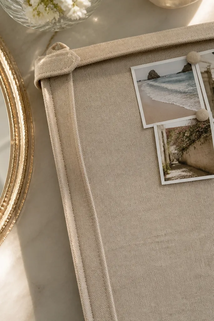 Small pinboard with linen ribbon forming a corner cluster and pinned photos