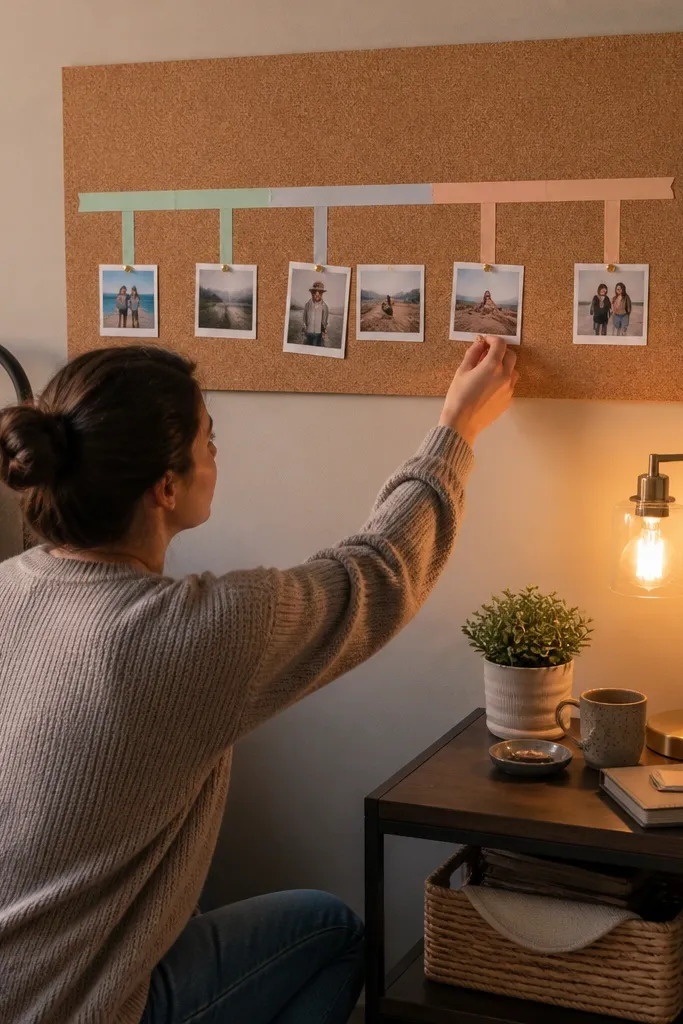 Vision board with pastel washi tape timeline line and small photos spaced evenly