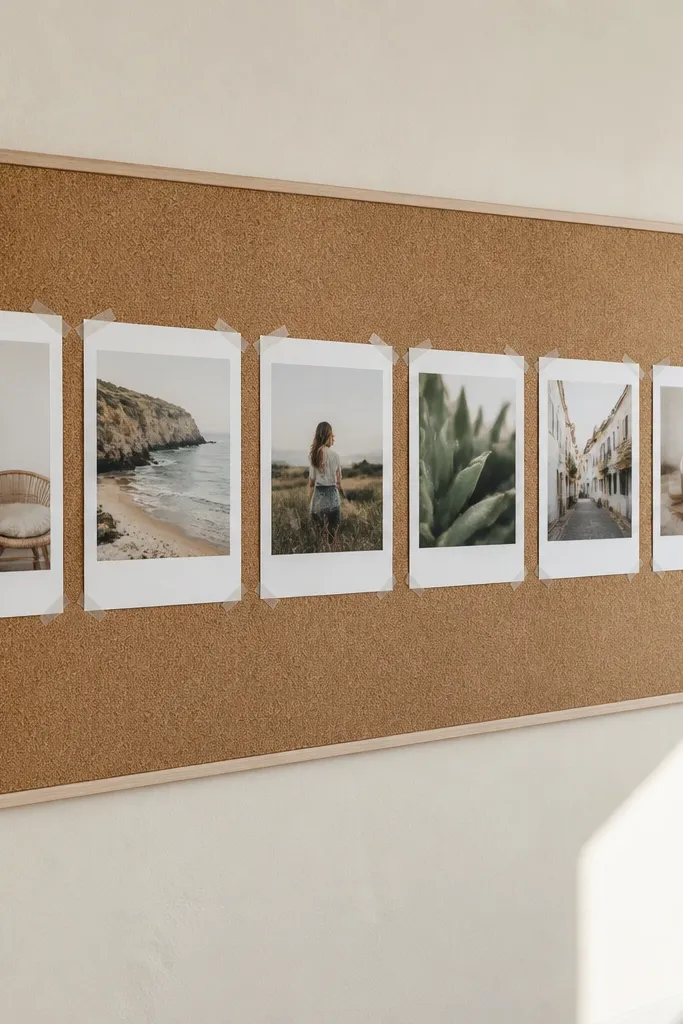 Paper strip of polaroid-like prints taped at corners on a neutral background