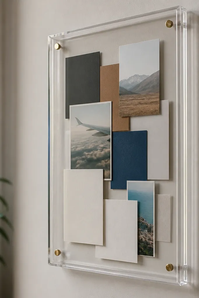 Small acrylic frame collage with matte cardstock cards arranged in a grid