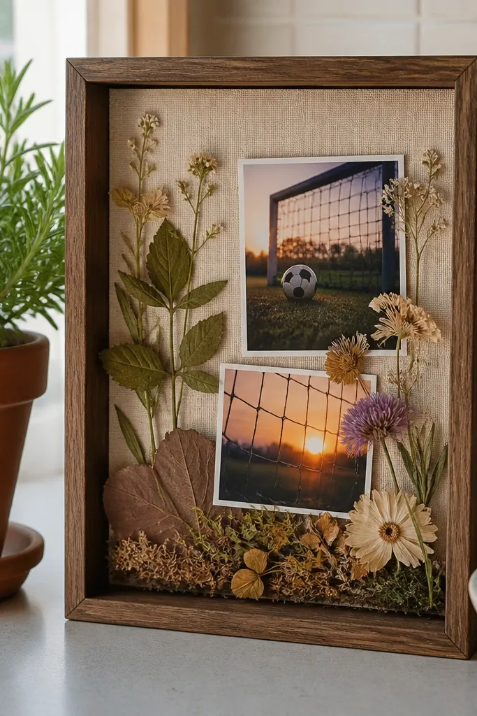 Small shadow box with dried leaves, tiny plant labels, and photos