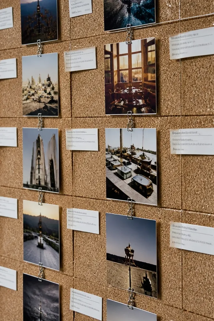 Corkboard with a neat grid and tiny typed label tags under each
