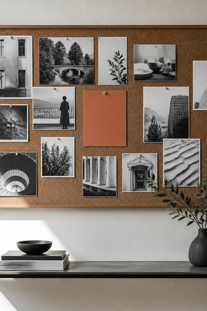 Monochrome vision board with one bright accent color card in the center