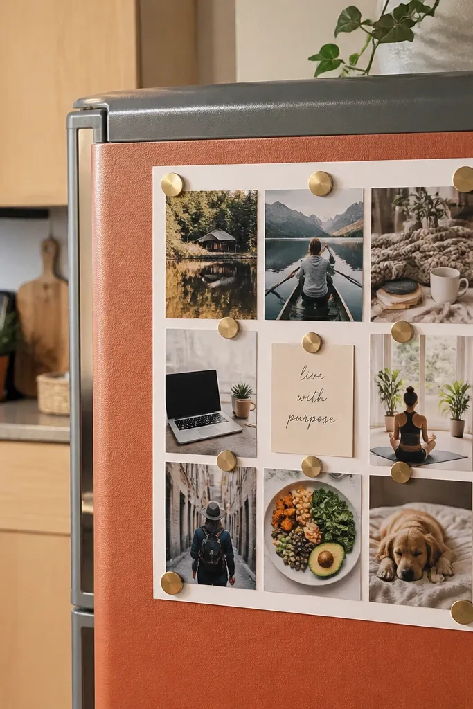 Small fridge section with magnets holding photos and notes in a tight arrangement