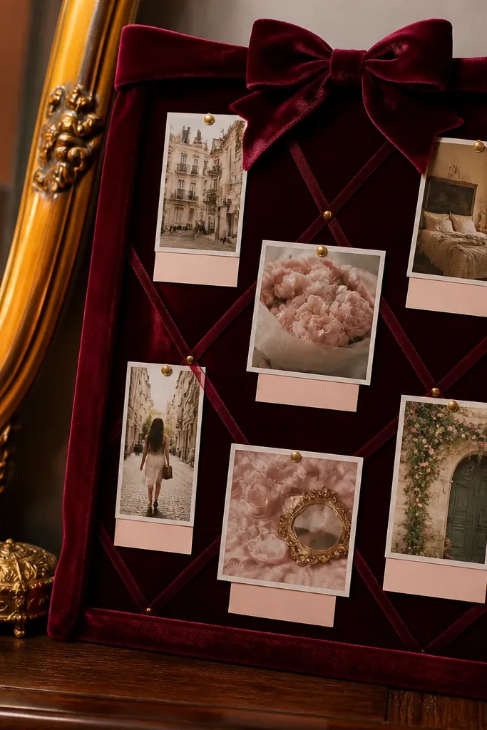 Small board wrapped with velvet ribbon and photos pinned with soft bows