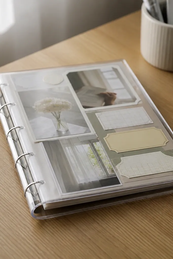 A4-sized vision board on a planner cover with layered stickers and photos