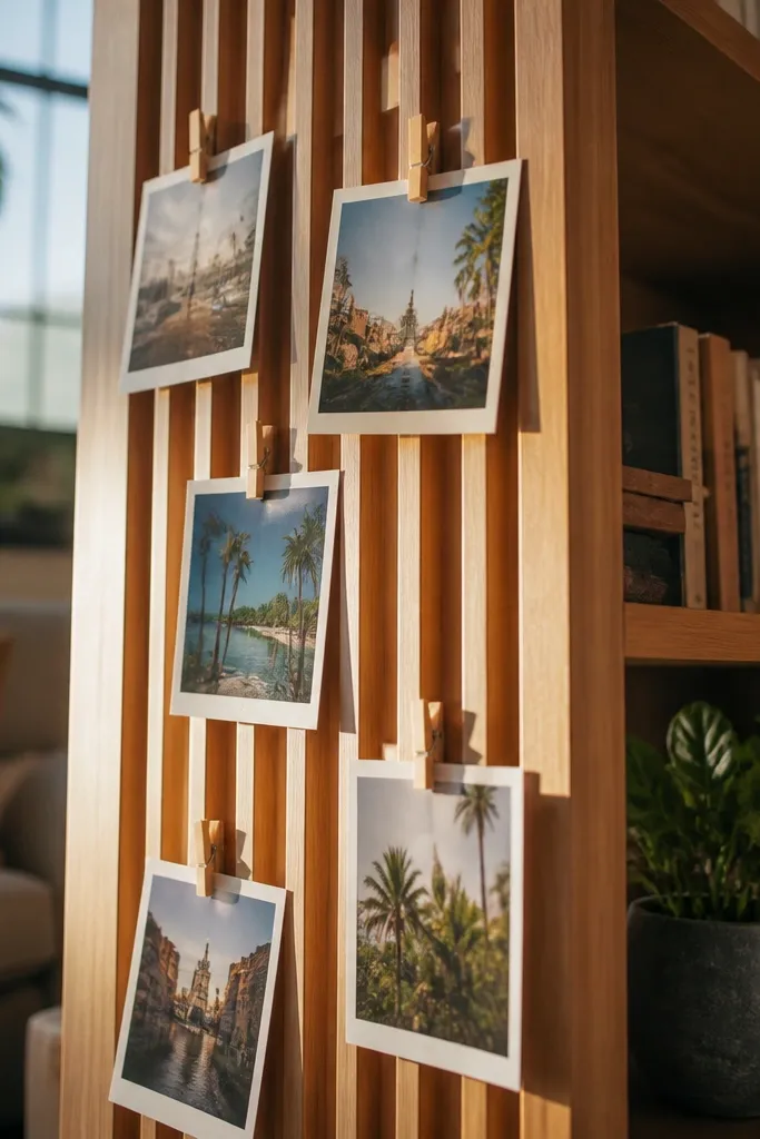 Small wood slat board with mini clothespins holding photos and labels