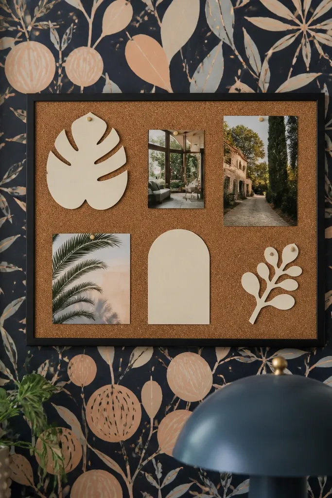 Small board with patterned wallpaper background and cut-out headline cards