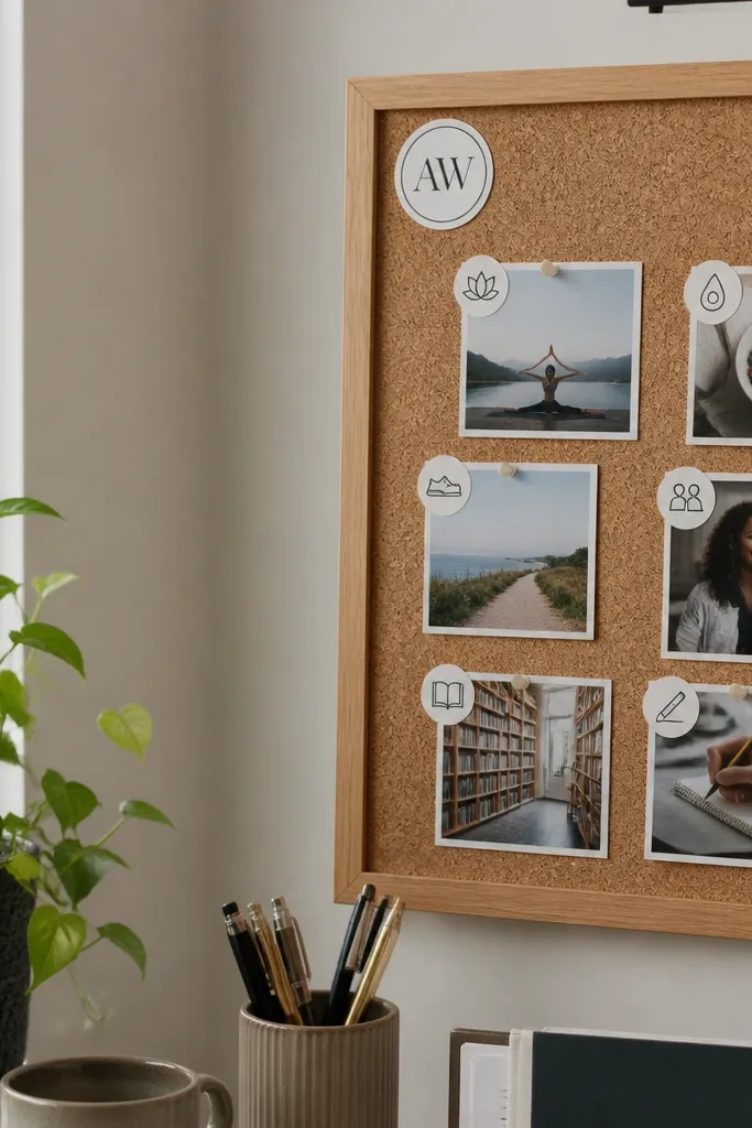 Small board with a monogram in one corner and sticker-style labels with photos