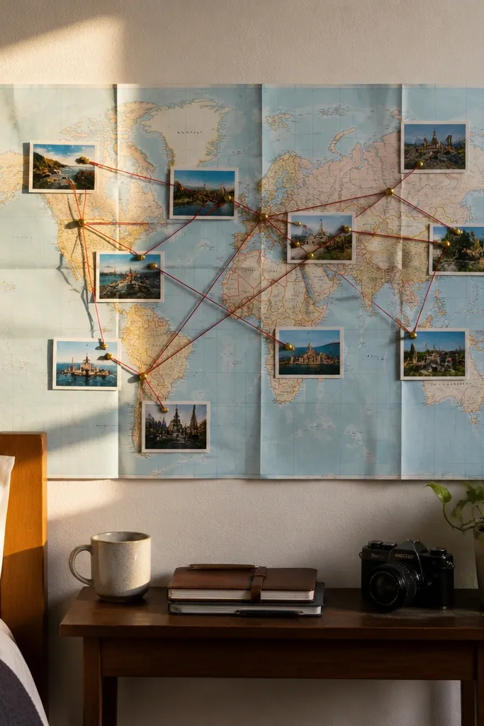 Small board with folded paper map look and thin thread connecting points