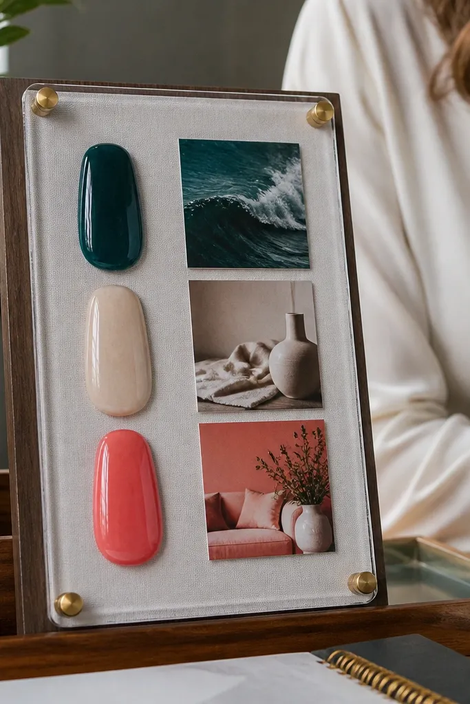 Small board with a color strip of nail polish swatches and small goal photos