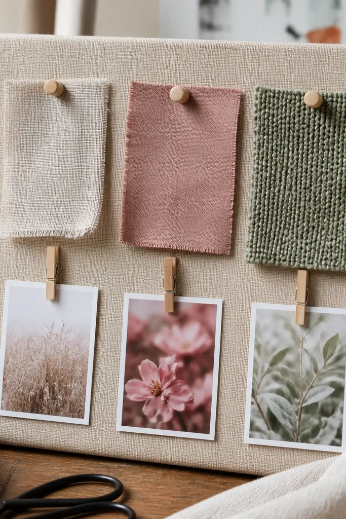 Small board with fabric swatches pinned and small tags attached