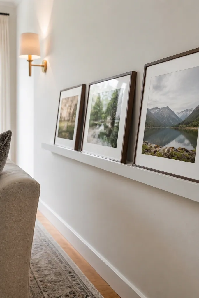 White wall with one slim horizontal moulding strip and matching trim